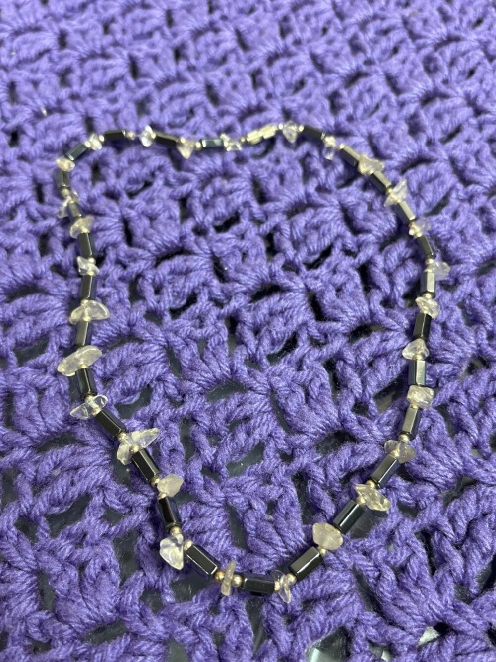 Vintage Artisan Hematite Quartz Stone Beaded Necklace Barrel Clasp 17 inch Long